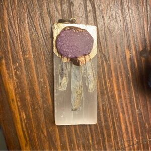 Selenite w druzy purple & kyanite on thick top mini block w gold dip pendent + 🎁
